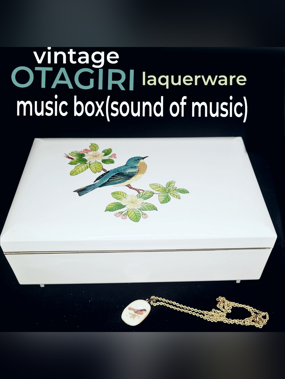 Vintage Otagiri White Lacquered Music Box "Sound Of Music" Bird Motif & Necklace